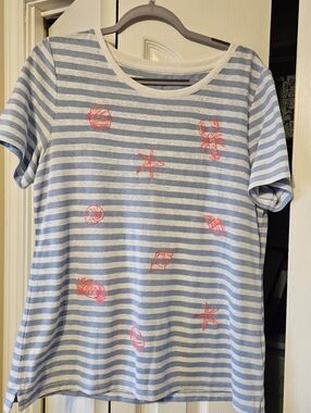Blue & White Striped Tee with Coral Nautical Embroidery